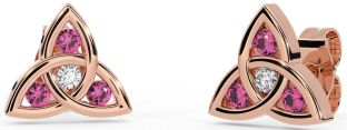 Diamond Pink Tourmaline Rose Gold Celtic Trinity Knot Stud Earrings