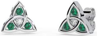 Diamond Emerald White Gold Celtic Trinity Knot Stud Earrings