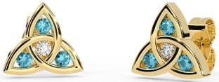 Diamond Aquamarine Gold Celtic Trinity Knot Stud Earrings