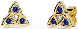 Diamond Sapphire Gold Celtic Trinity Knot Stud Earrings