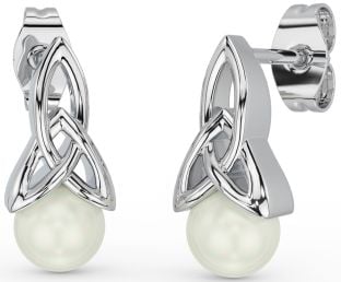 White Gold Celtic Trinity Knot Pearl Dangle Earrings