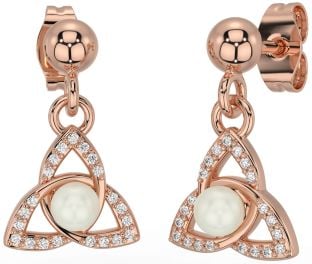 Diamond Rose Gold Silver Celtic Trinity Knot Pearl Dangle Earrings