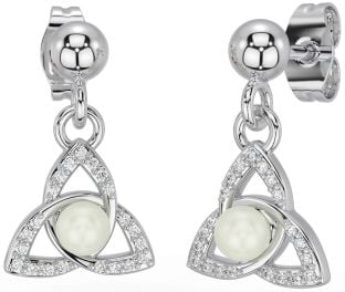 Diamond Silver Celtic Trinity Knot Pearl Dangle Earrings