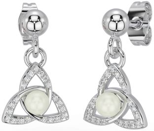 Diamond White Gold Celtic Trinity Knot Pearl Dangle Earrings
