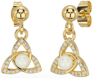 Diamond Gold Celtic Trinity Knot Pearl Dangle Earrings