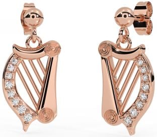 Diamond Rose Gold Silver Celtic Irish harp Dangle Earrings