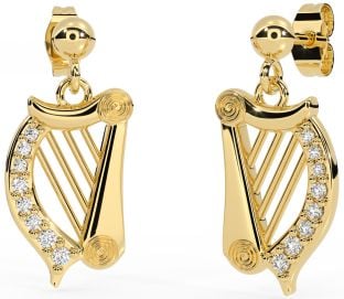 Diamond Gold Silver Celtic Irish harp Dangle Earrings