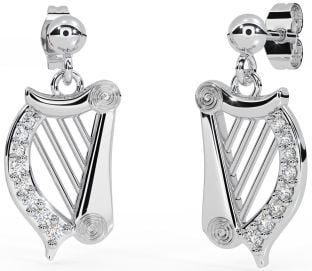 Diamond Silver Celtic Irish harp Dangle Earrings