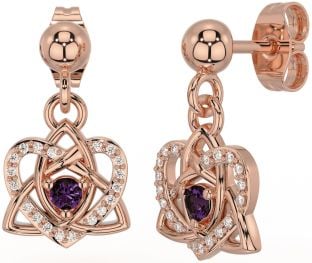 Diamond Alexandrite Rose Gold Silver Celtic Trinity Knot Heart Dangle Earrings