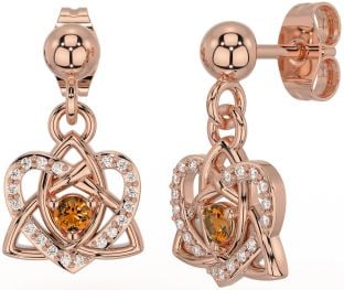 Diamond Citrine Rose Gold Silver Celtic Trinity Knot Heart Dangle Earrings