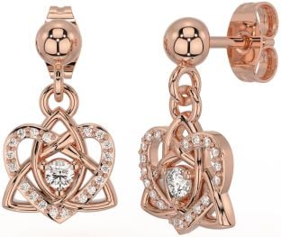 Diamond Rose Gold Silver Celtic Trinity Knot Heart Dangle Earrings