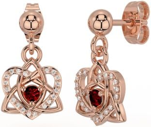 Diamond Garnet Rose Gold Silver Celtic Trinity Knot Heart Dangle Earrings