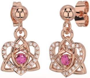 Diamond Pink Tourmaline Rose Gold Silver Celtic Trinity Knot Heart Dangle Earrings