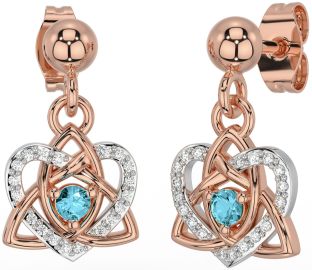 Diamond Aquamarine Rose Gold Silver Celtic Trinity Knot Heart Dangle Earrings