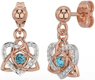 Diamond Aquamarine Rose Gold Silver Celtic Trinity Knot Heart Dangle Earrings