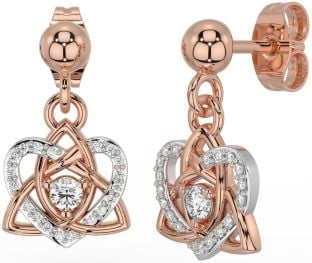Diamond Rose Gold Silver Celtic Trinity Knot Heart Dangle Earrings