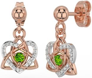 Diamond Peridot Rose Gold Silver Celtic Trinity Knot Heart Dangle Earrings