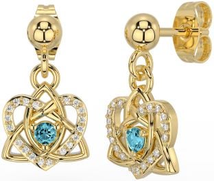Diamond Aquamarine Gold Silver Celtic Trinity Knot Heart Dangle Earrings
