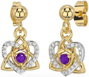 Diamond Amethyst Gold Silver Celtic Trinity Knot Heart Dangle Earrings