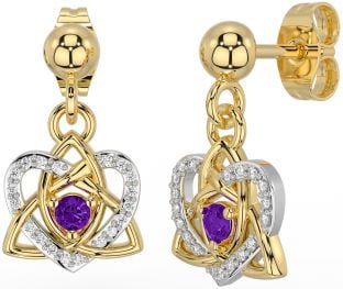 Diamond Amethyst Gold Silver Celtic Trinity Knot Heart Dangle Earrings