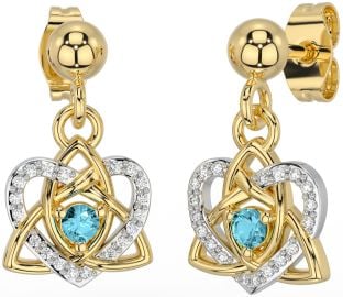 Diamond Aquamarine Gold Silver Celtic Trinity Knot Heart Dangle Earrings