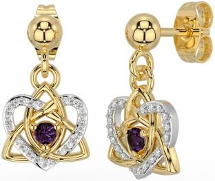 Diamond Alexandrite Gold Silver Celtic Trinity Knot Heart Dangle Earrings