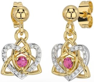 Diamond Pink Tourmaline Gold Silver Celtic Trinity Knot Heart Dangle Earrings