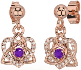 Diamond Amethyst Rose Gold Celtic Trinity Knot Heart Dangle Earrings