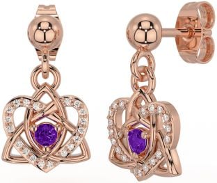 Diamond Amethyst Rose Gold Celtic Trinity Knot Heart Dangle Earrings