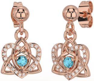 Diamond Aquamarine Rose Gold Celtic Trinity Knot Heart Dangle Earrings