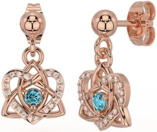 Diamond Aquamarine Rose Gold Celtic Trinity Knot Heart Dangle Earrings