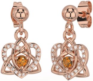 Diamond Citrine Rose Gold Celtic Trinity Knot Heart Dangle Earrings