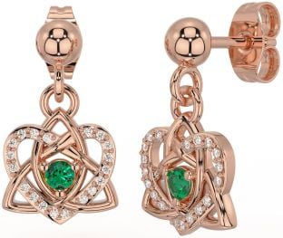 Diamond Emerald Rose Gold Celtic Trinity Knot Heart Dangle Earrings