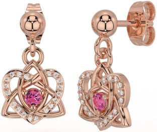 Diamond Pink Tourmaline Rose Gold Celtic Trinity Knot Heart Dangle Earrings