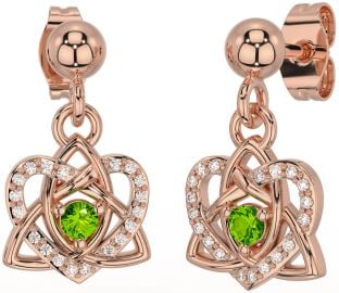 Diamond Peridot Rose Gold Celtic Trinity Knot Heart Dangle Earrings