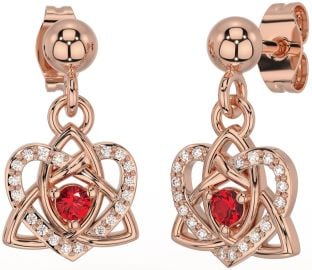 Diamond Ruby Rose Gold Celtic Trinity Knot Heart Dangle Earrings