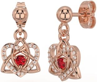 Diamond Ruby Rose Gold Celtic Trinity Knot Heart Dangle Earrings