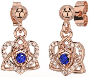 Diamond Sapphire Rose Gold Celtic Trinity Knot Heart Dangle Earrings