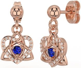 Diamond Sapphire Rose Gold Celtic Trinity Knot Heart Dangle Earrings