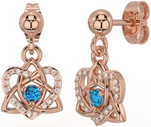 Diamond Topaz Rose Gold Celtic Trinity Knot Heart Dangle Earrings