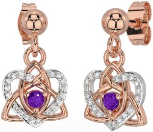 Diamond Amethyst White Rose Gold Celtic Trinity Knot Heart Dangle Earrings