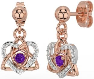 Diamond Amethyst White Rose Gold Celtic Trinity Knot Heart Dangle Earrings