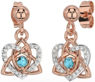 Diamond Aquamarine White Rose Gold Celtic Trinity Knot Heart Dangle Earrings