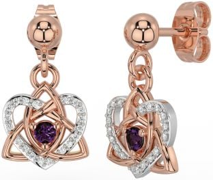 Diamond Alexandrite White Rose Gold Celtic Trinity Knot Heart Dangle Earrings