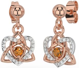 Diamond Citrine White Rose Gold Celtic Trinity Knot Heart Dangle Earrings