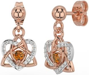 Diamond Citrine White Rose Gold Celtic Trinity Knot Heart Dangle Earrings