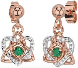 Diamond Emerald White Rose Gold Celtic Trinity Knot Heart Dangle Earrings