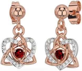 Diamond Garnet White Rose Gold Celtic Trinity Knot Heart Dangle Earrings