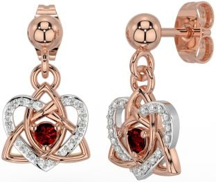 Diamond Garnet White Rose Gold Celtic Trinity Knot Heart Dangle Earrings