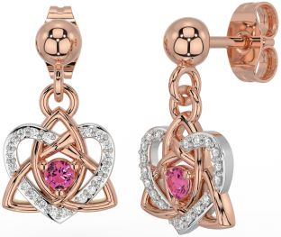 Diamond Pink Tourmaline White Rose Gold Celtic Trinity Knot Heart Dangle Earrings